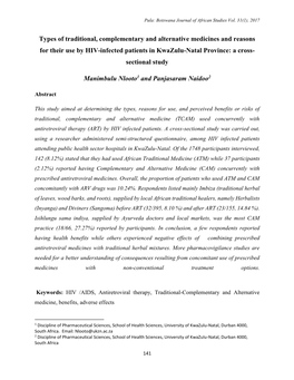 Types of Traditional, Complementary and Alternative Medicines and Reasons for Their Use by HIV-Infected Patients in Kwazulu-Natal Province: a Cross- Sectional Study