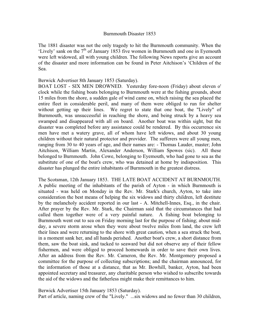 Burnmouth Disaster 1853 the 1881 Disaster Was Not the Only Tragedy To