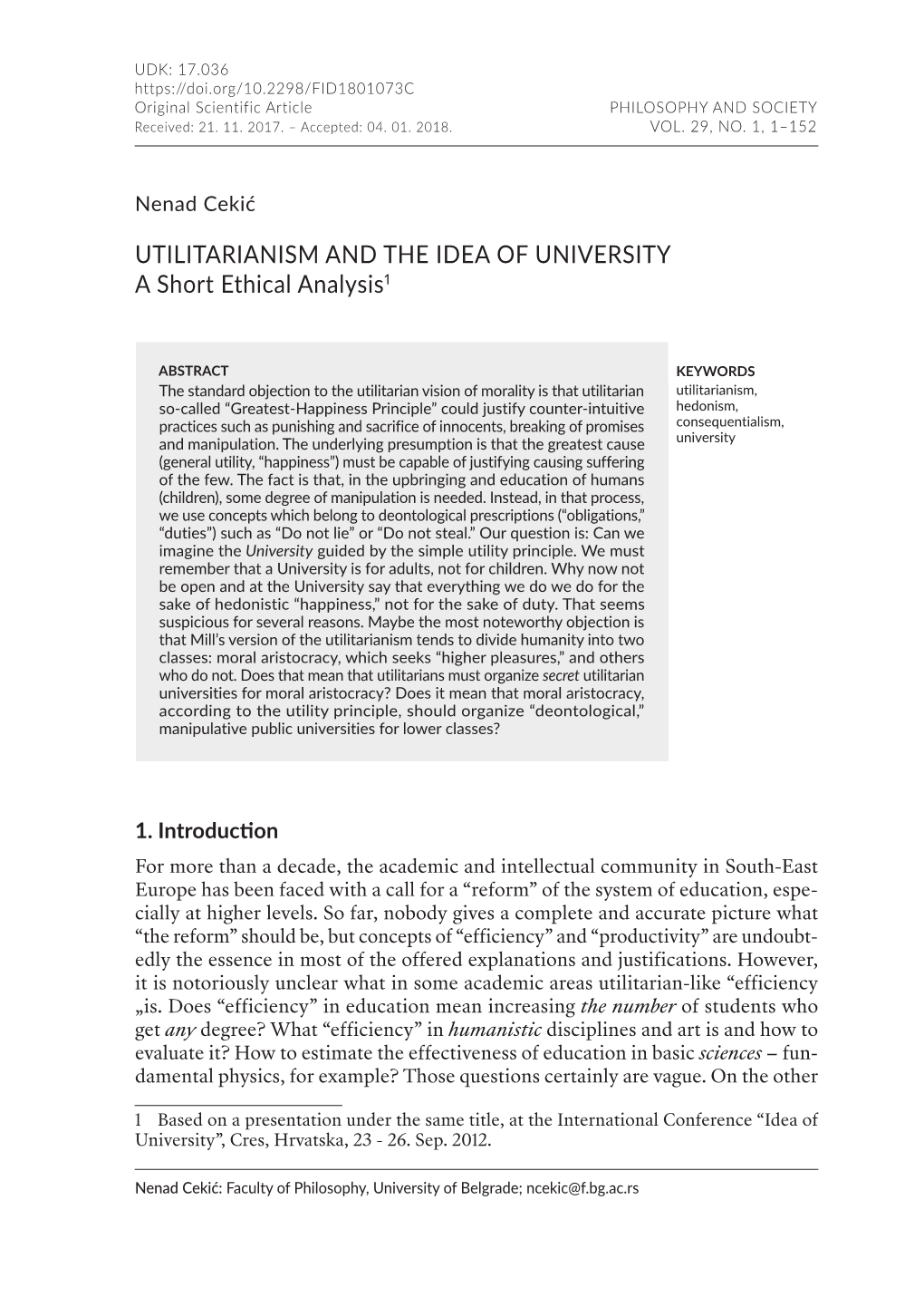 UTILITARIANISM and the IDEA of UNIVERSITY a Short Ethical Analysis1