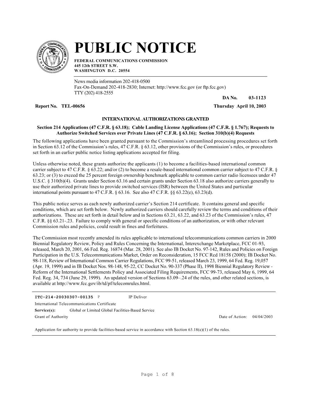 PUBLIC NOTICE FEDERAL COMMUNICATIONS COMMISSION 445 12Th STREET S.W