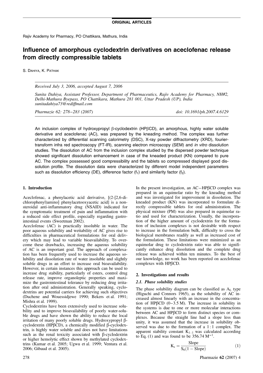 Influence of Amorphous Cyclodextrin Derivatives on Aceclofenac Release from Directly Compressible Tablets