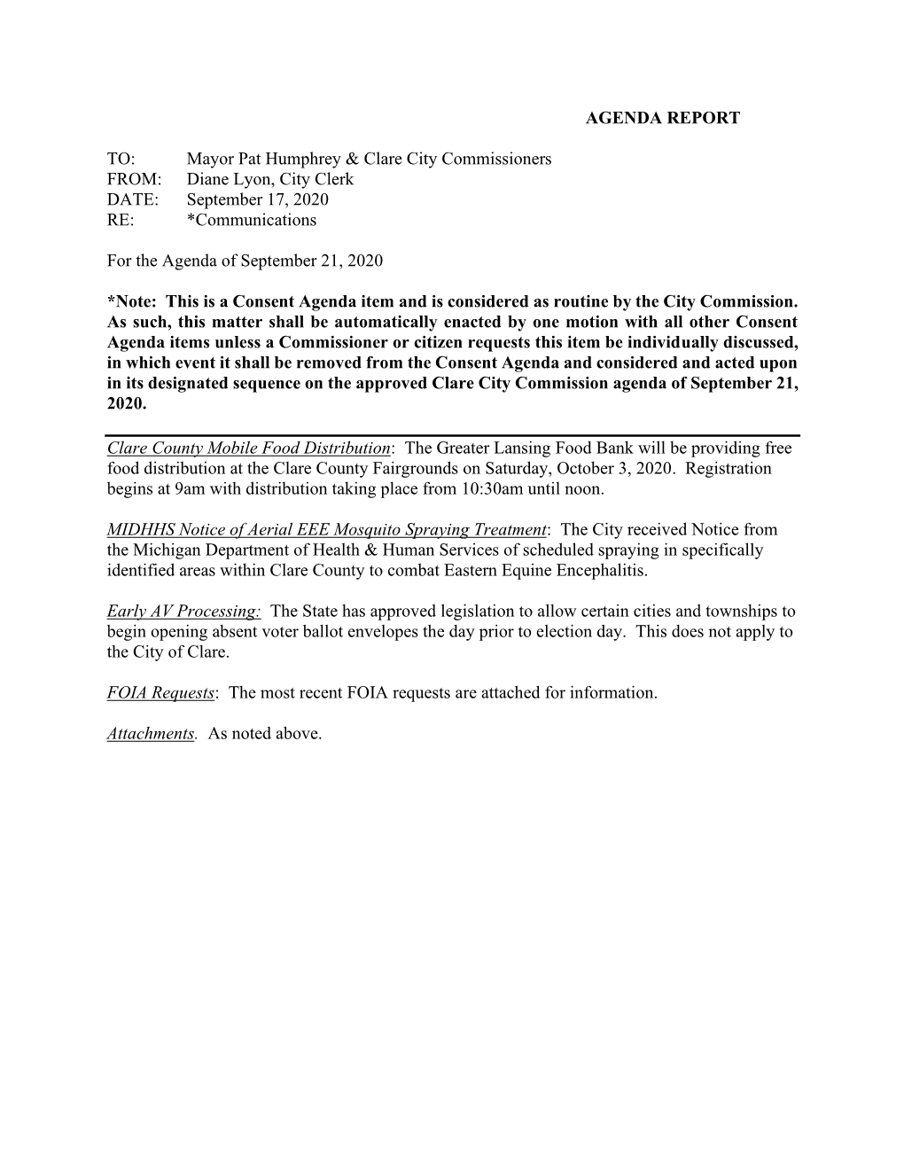 AGENDA REPORT TO: Mayor Pat Humphrey & Clare City