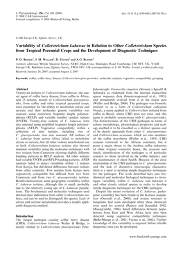 Variability of Colletotrichum Kahawae in Relation to Other Colletotrichum Species from Tropical Perennial Crops and the Development of Diagnostic Techniques