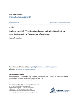 Bulletin No. 205-The Beet Leafhopper in Utah: a Study of Its Distribution and the Occurrence of Curly-Top
