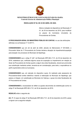 MINISTÉRIO PÚBLICO DE CONTAS DO ESTADO DA BAHIA Controle Externo Da Administração Pública Municipal