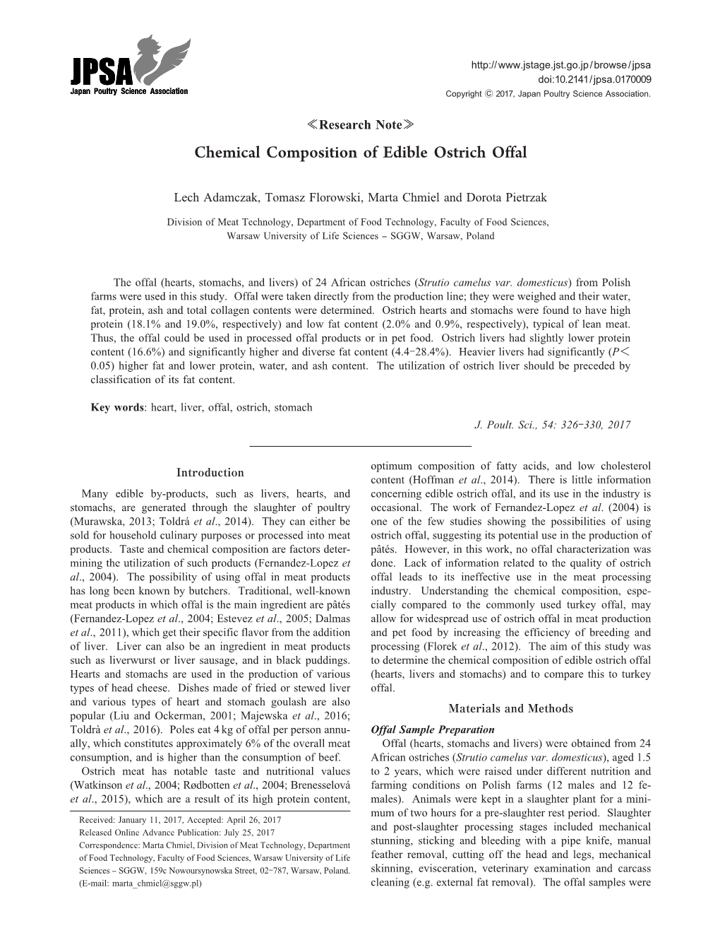 Chemical Composition of Edible Ostrich Offal