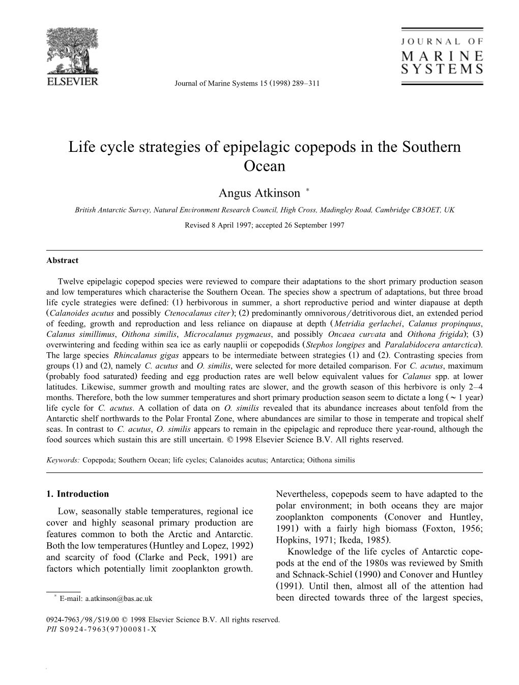 Life Cycle Strategies of Epipelagic Copepods in the Southern Ocean