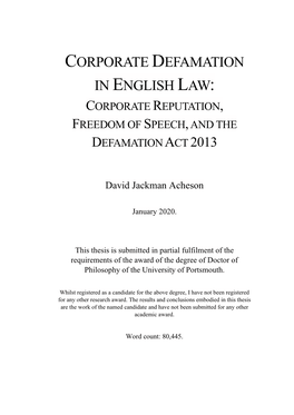 Corporate Defamation in English Law: Corporate Reputation, Freedom of Speech, and the Defamation Act 2013