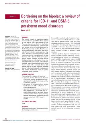 Bordering on the Bipolar: a Review of Criteria for ICD-11 and DSM-5 Persistent Mood Disorders Jason Luty