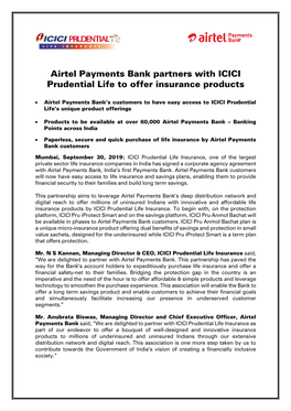 Airtel Payments Bank Partners with ICICI Prudential Life to Offer Insurance Products