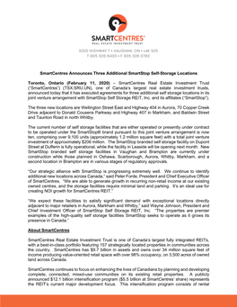 Smartcentres Announces Three Additional Smartstop Self-Storage Locations