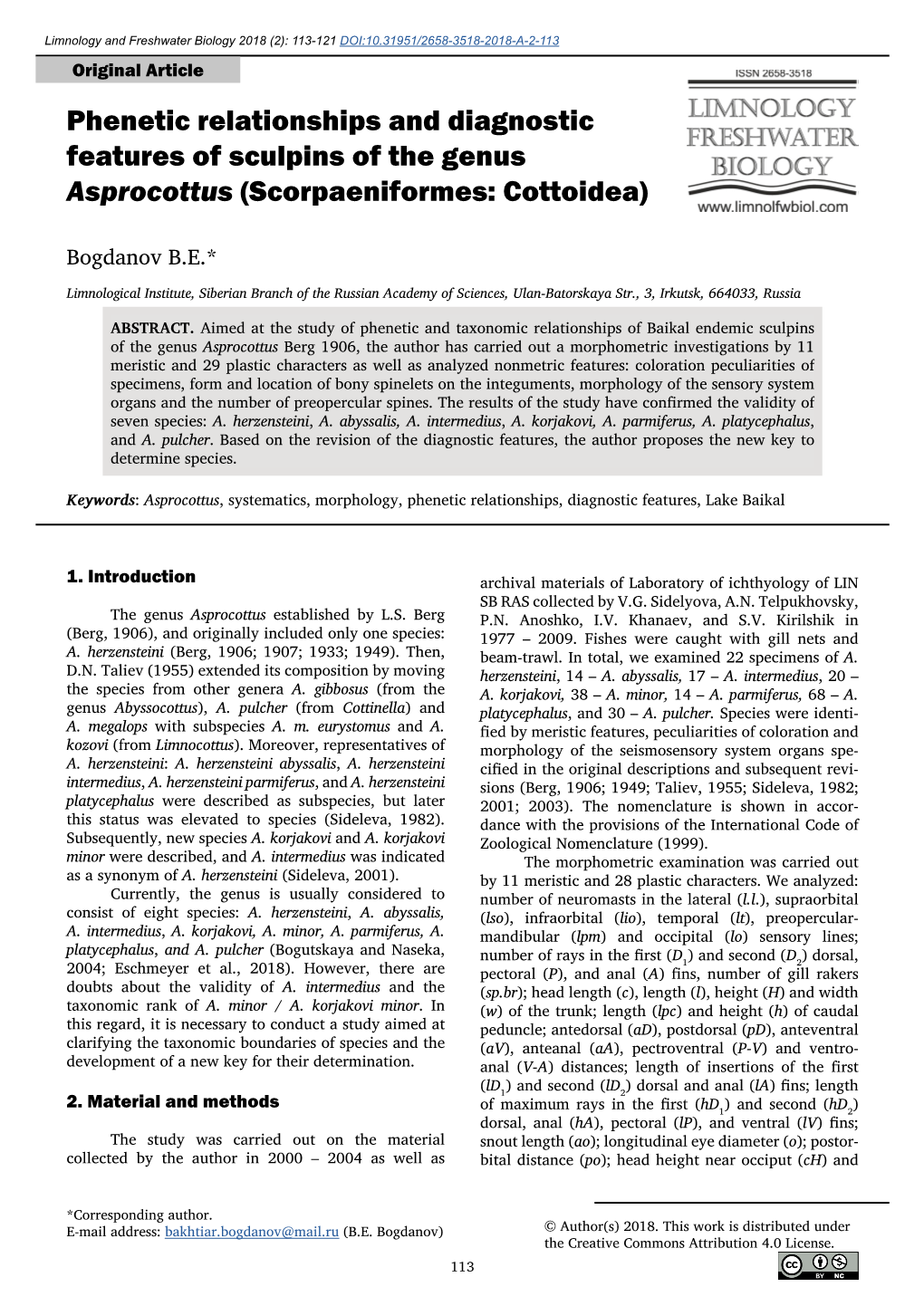 Phenetic Relationships and Diagnostic Features of Sculpins of the Genus Asprocottus (Scorpaeniformes: Cottoidea)