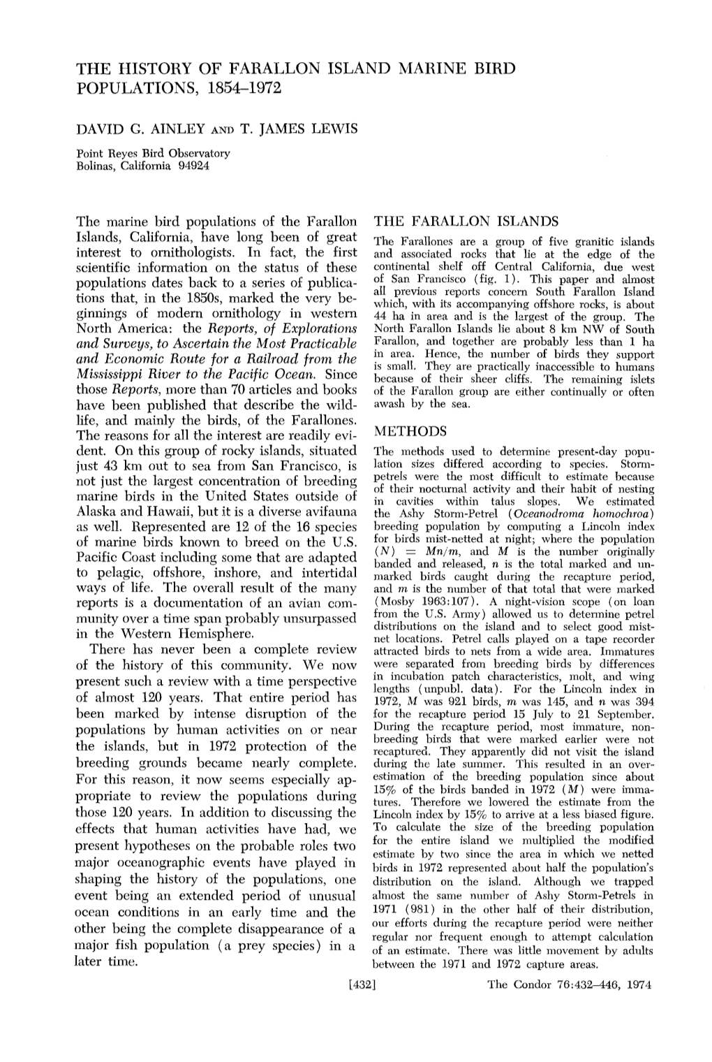 The History of Farallon Island Marine Bird Populations, 1854-1972