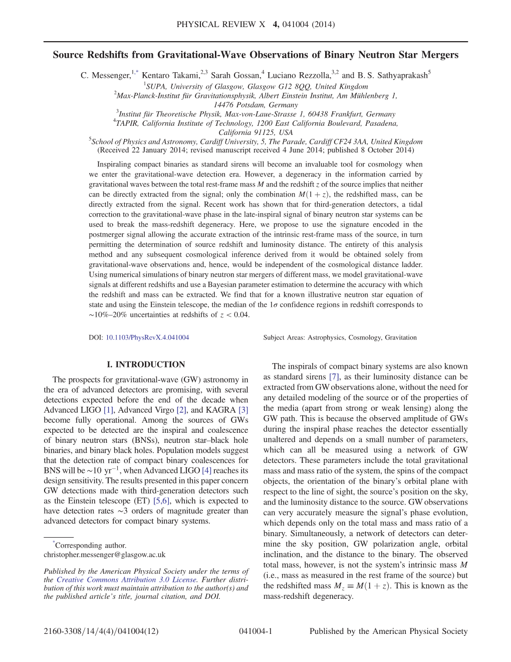 Source Redshifts from Gravitational-Wave Observations of Binary Neutron Star Mergers