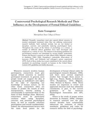 Controversial Psychological Research Methods and Their Influence on the Development of Formal Ethical Guidelines