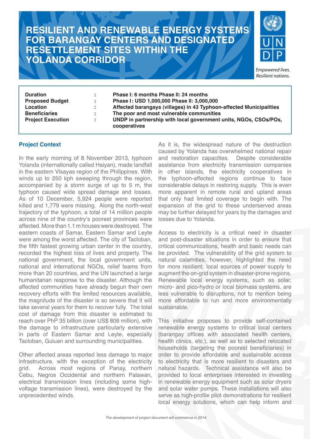 Resilient and Renewable Energy Systems for Barangay Centers and Designated Resettlement Sites Within the Yolanda Corridor