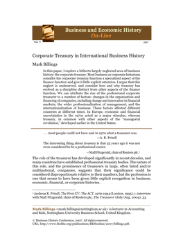 Corporate Treasury in International Business History