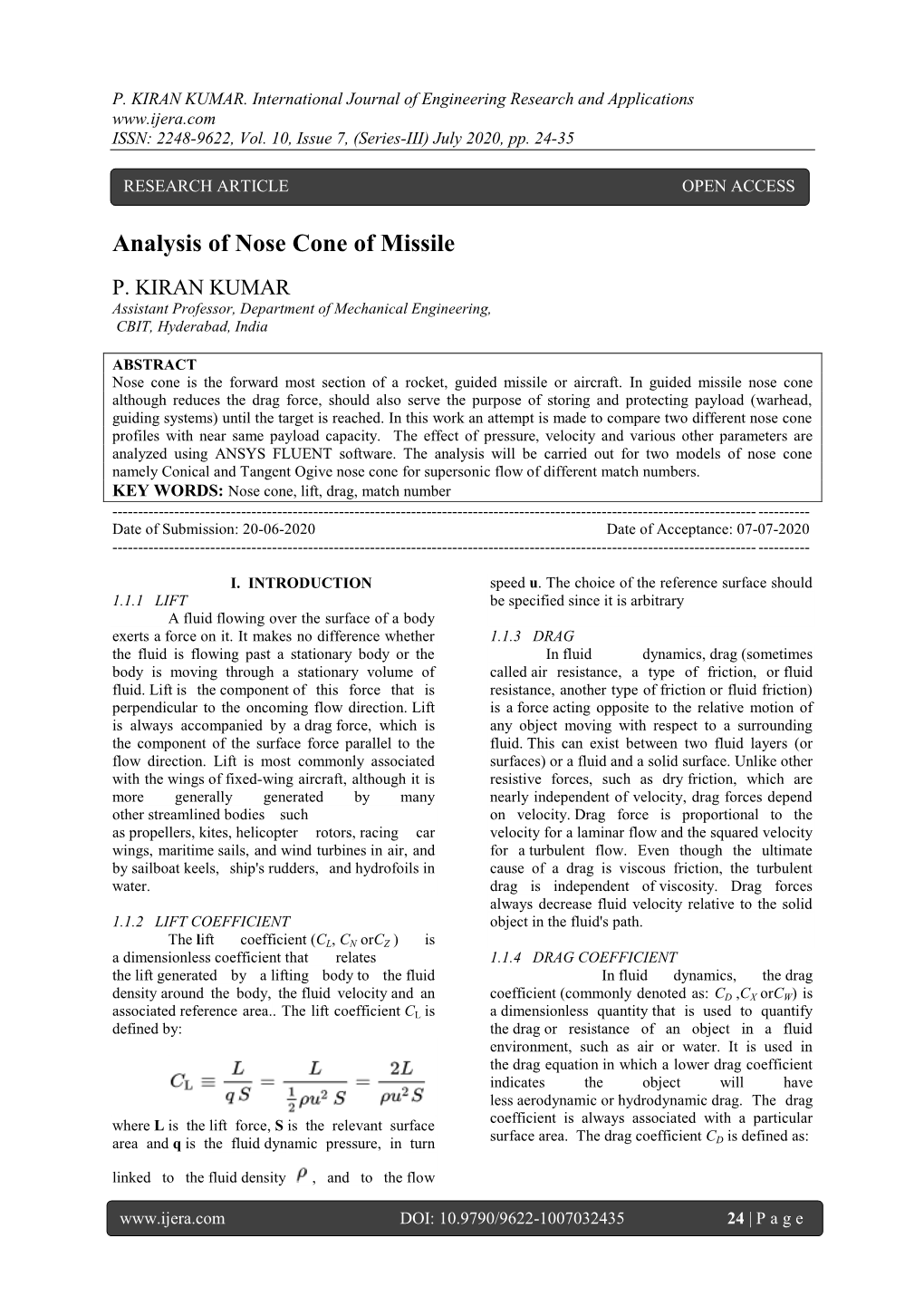 Analysis of Nose Cone of Missile