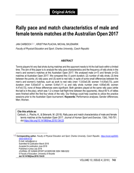 Rally Pace and Match Characteristics of Male and Female Tennis Matches at the Australian Open 2017