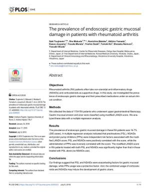 The Prevalence of Endoscopic Gastric Mucosal Damage in Patients with Rheumatoid Arthritis