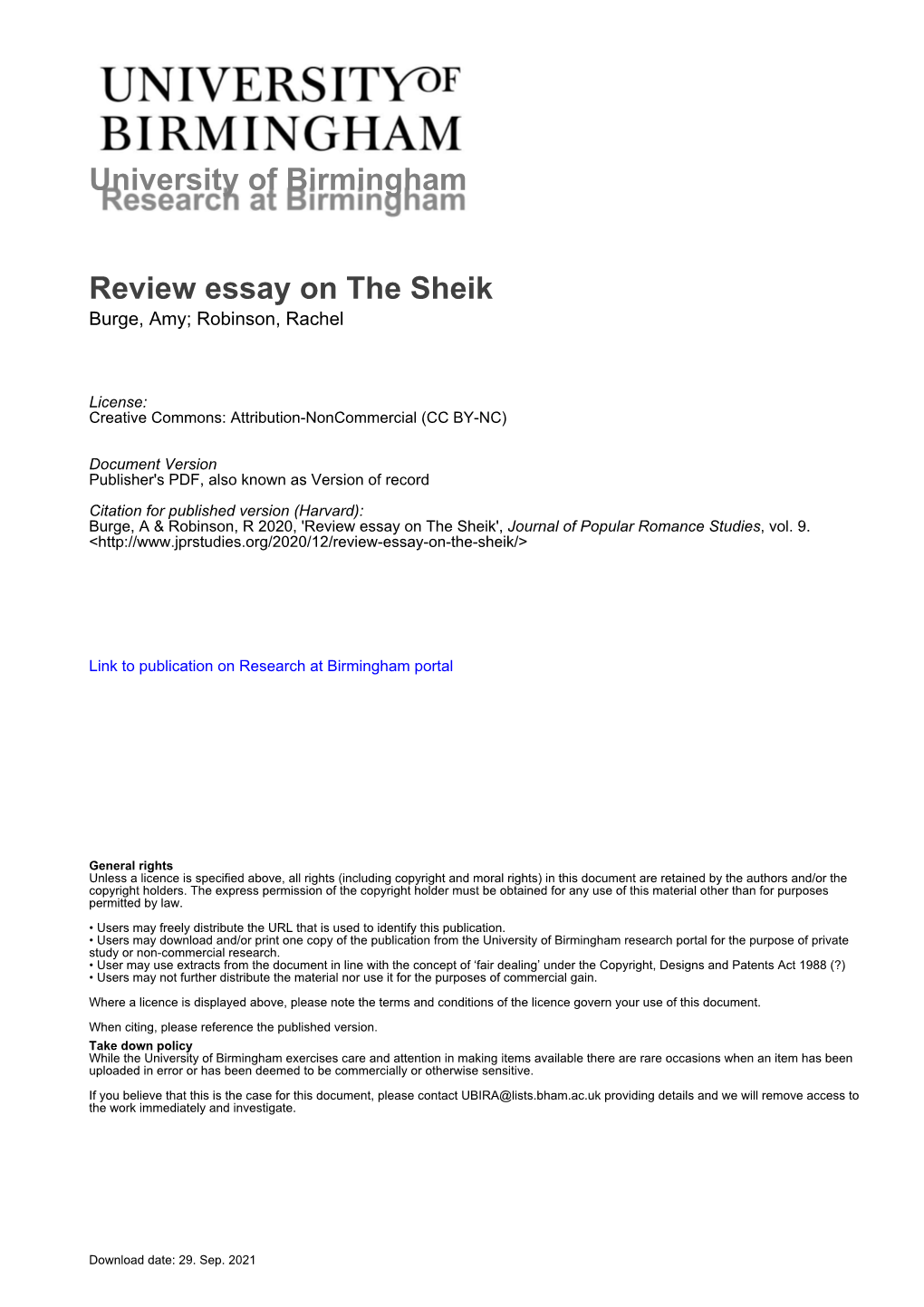 University of Birmingham Review Essay on the Sheik