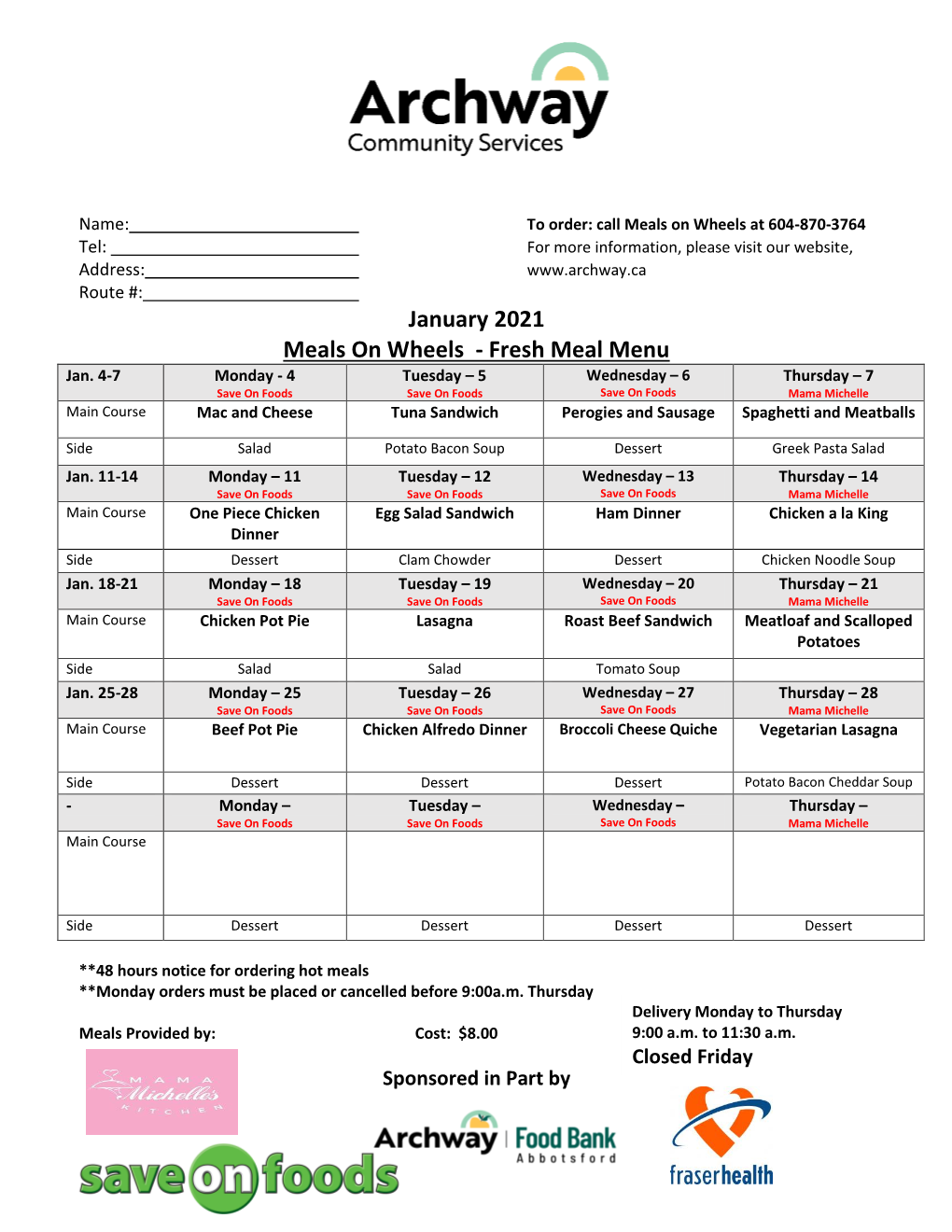 January 2021 Meals on Wheels - Fresh Meal Menu Jan