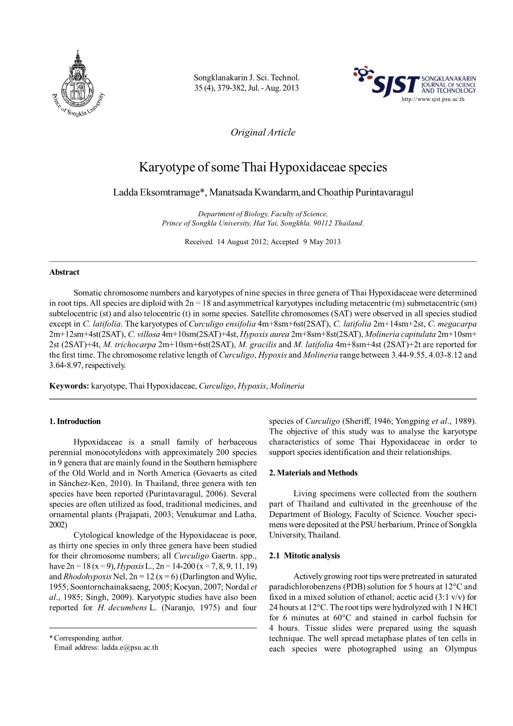 Karyotype of Some Thai Hypoxidaceae Species