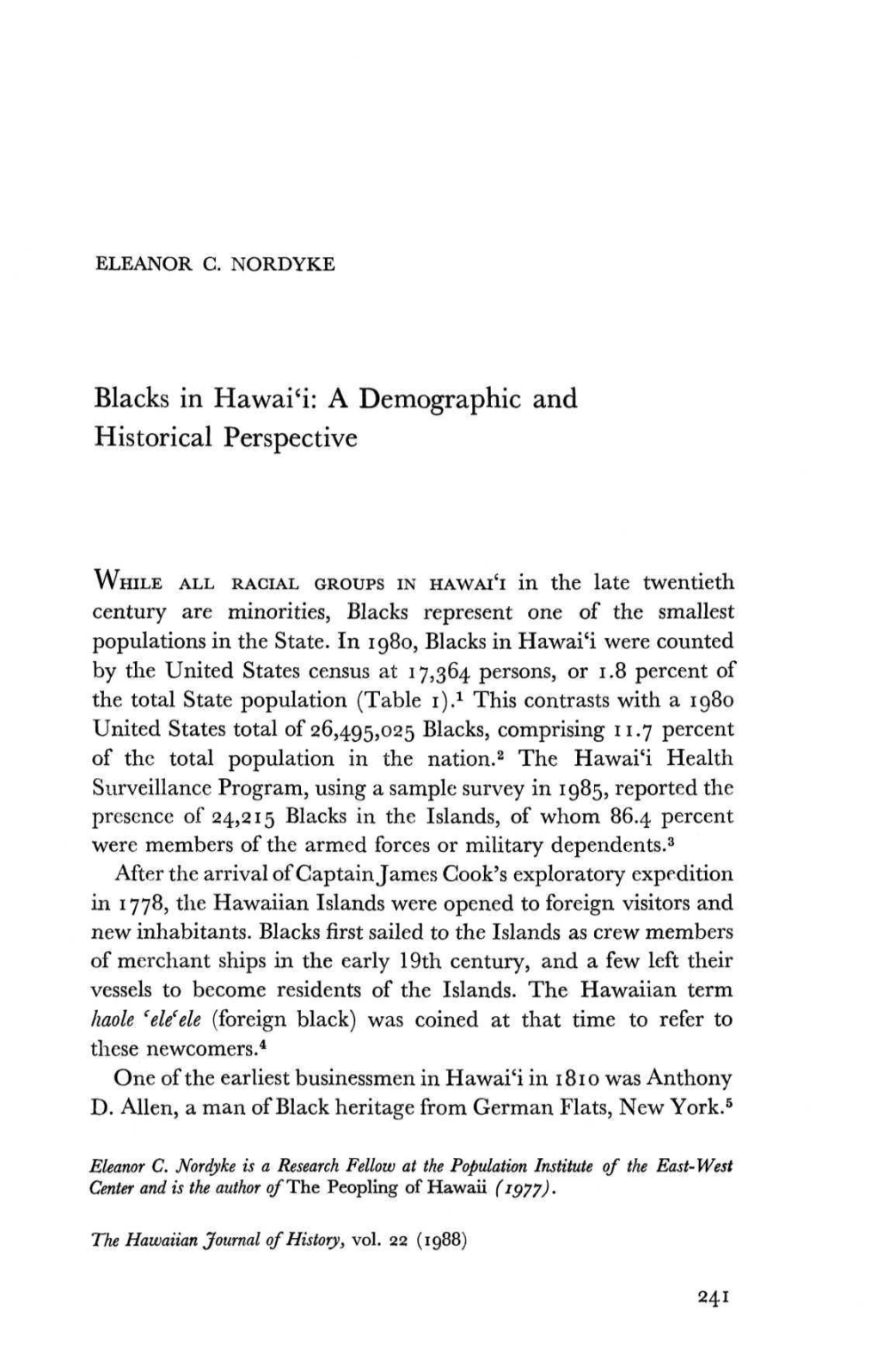 Blacks in Hawai'i: a Demographic and Historical Perspective