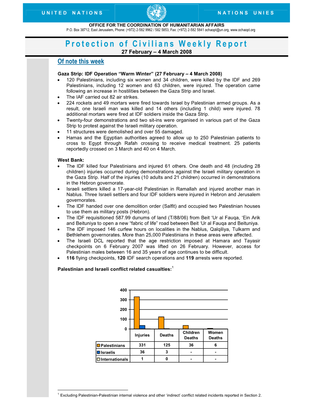 Protection of Civilians Weekly Report 27 February – 4 March 2008 of Note This Week