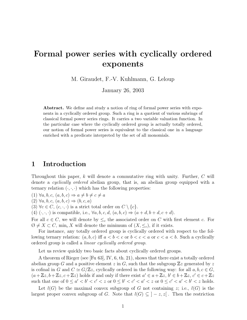 Formal Power Series with Cyclically Ordered Exponents