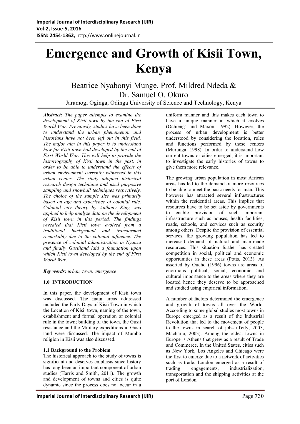 Emergence and Growth of Kisii Town, Kenya Beatrice Nyabonyi Munge, Prof