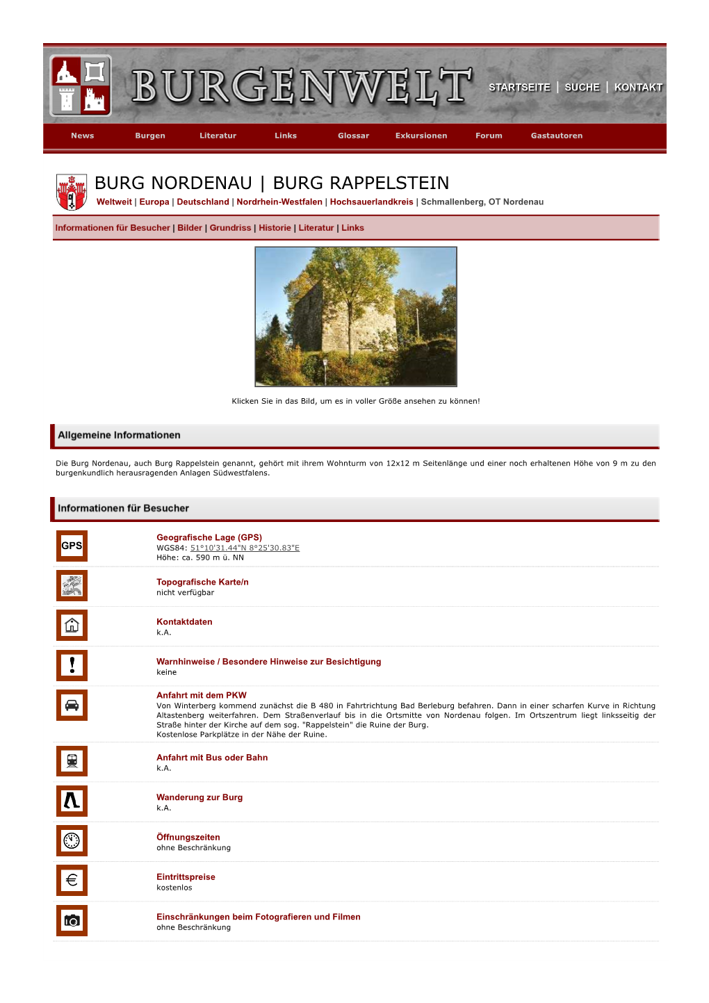 BURG NORDENAU | BURG RAPPELSTEIN Weltweit | Europa | Deutschland | Nordrhein-Westfalen | Hochsauerlandkreis | Schmallenberg, OT Nordenau