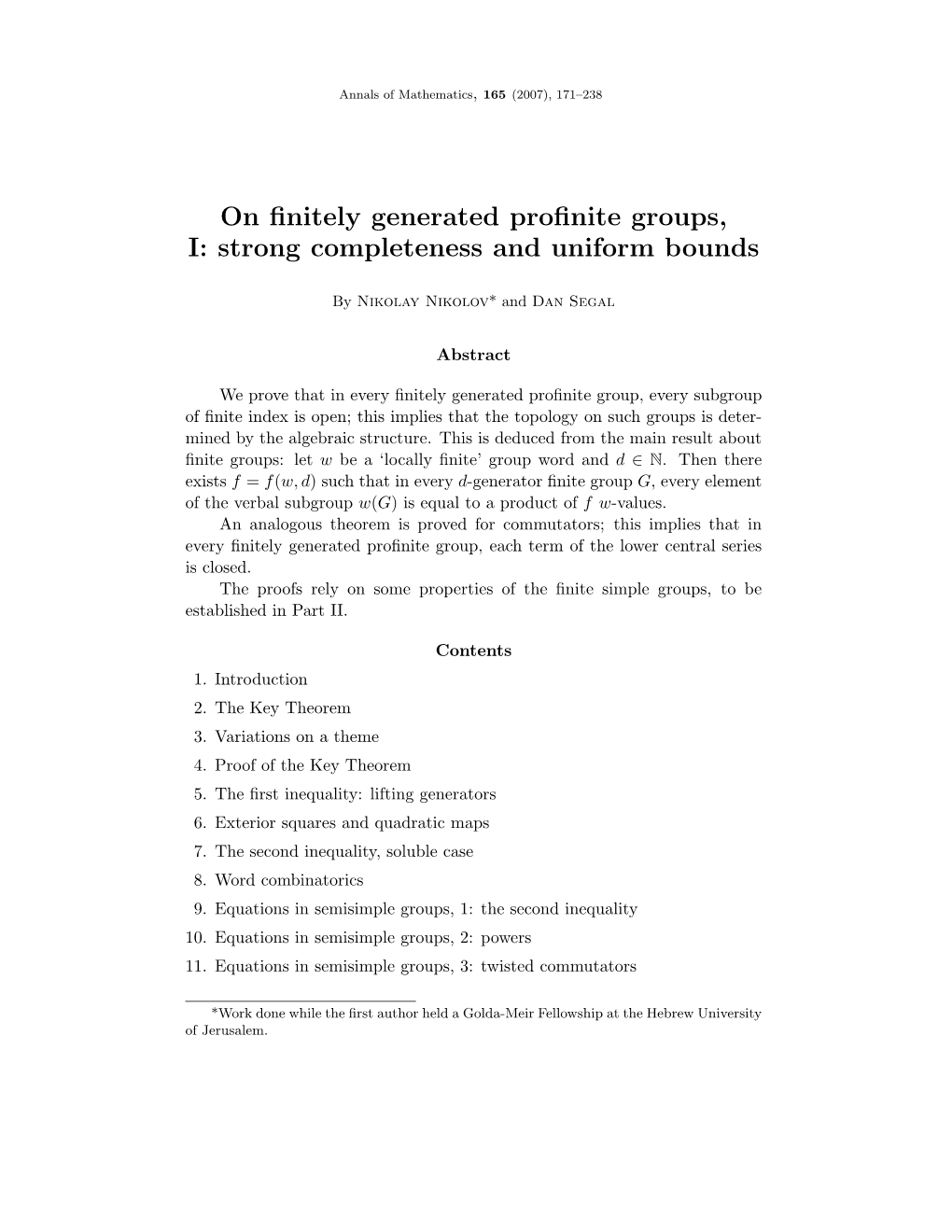 On Finitely Generated Profinite Groups, I 173