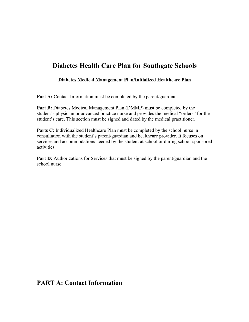 Diabetes Health Care Plan for Southgate Schools