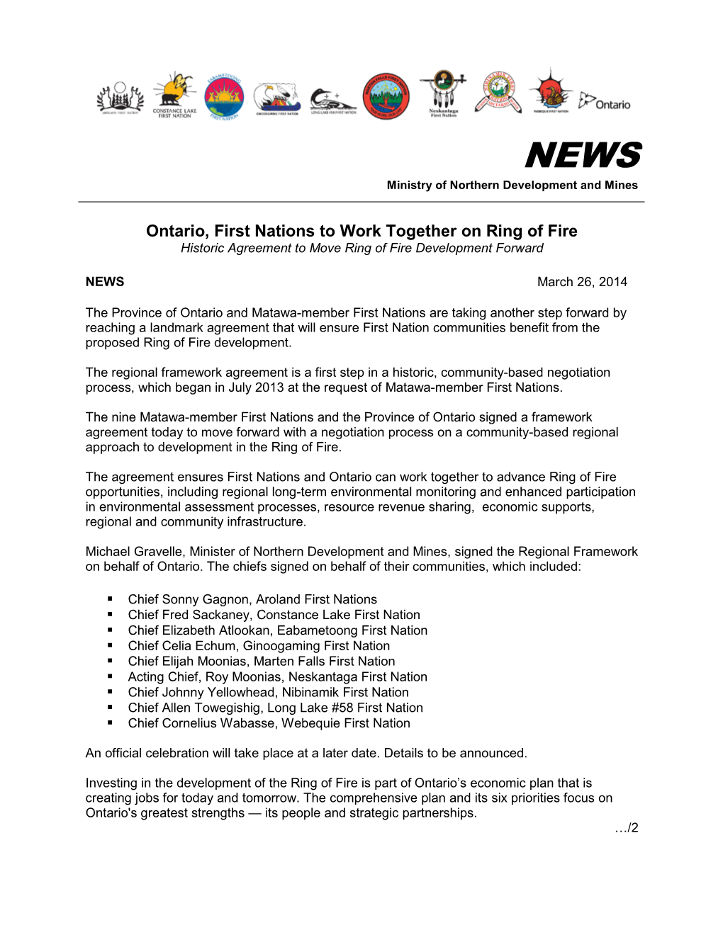 Ontario, First Nations to Work Together on Ring of Fire Historic Agreement to Move Ring of Fire Development Forward