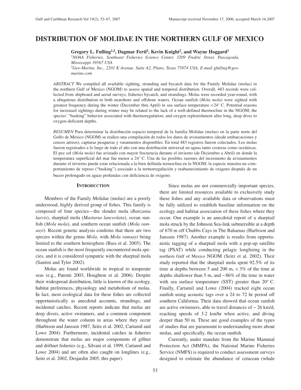 Distribution of Molidae in the Northern Gulf of Mexico