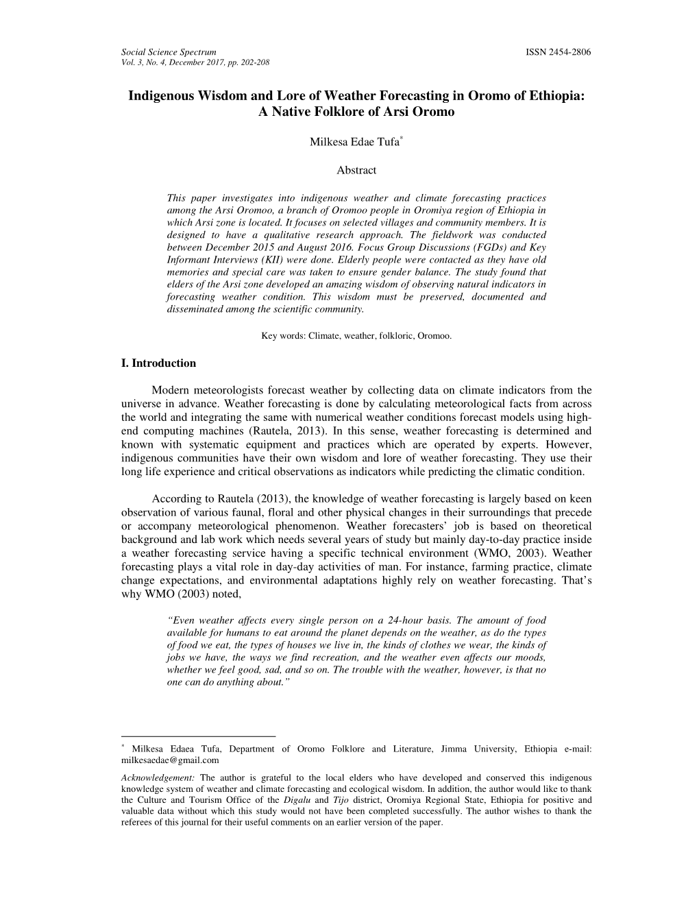 Indigenous Wisdom and Lore of Weather Forecasting in Oromo of Ethiopia: a Native Folklore of Arsi Oromo