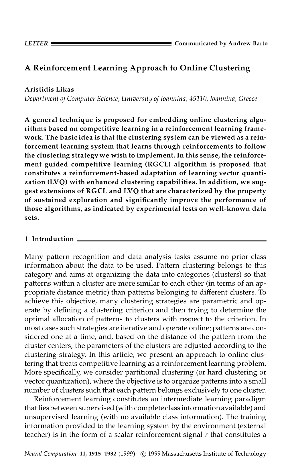 A Reinforcement Learning Approach to Online Clustering