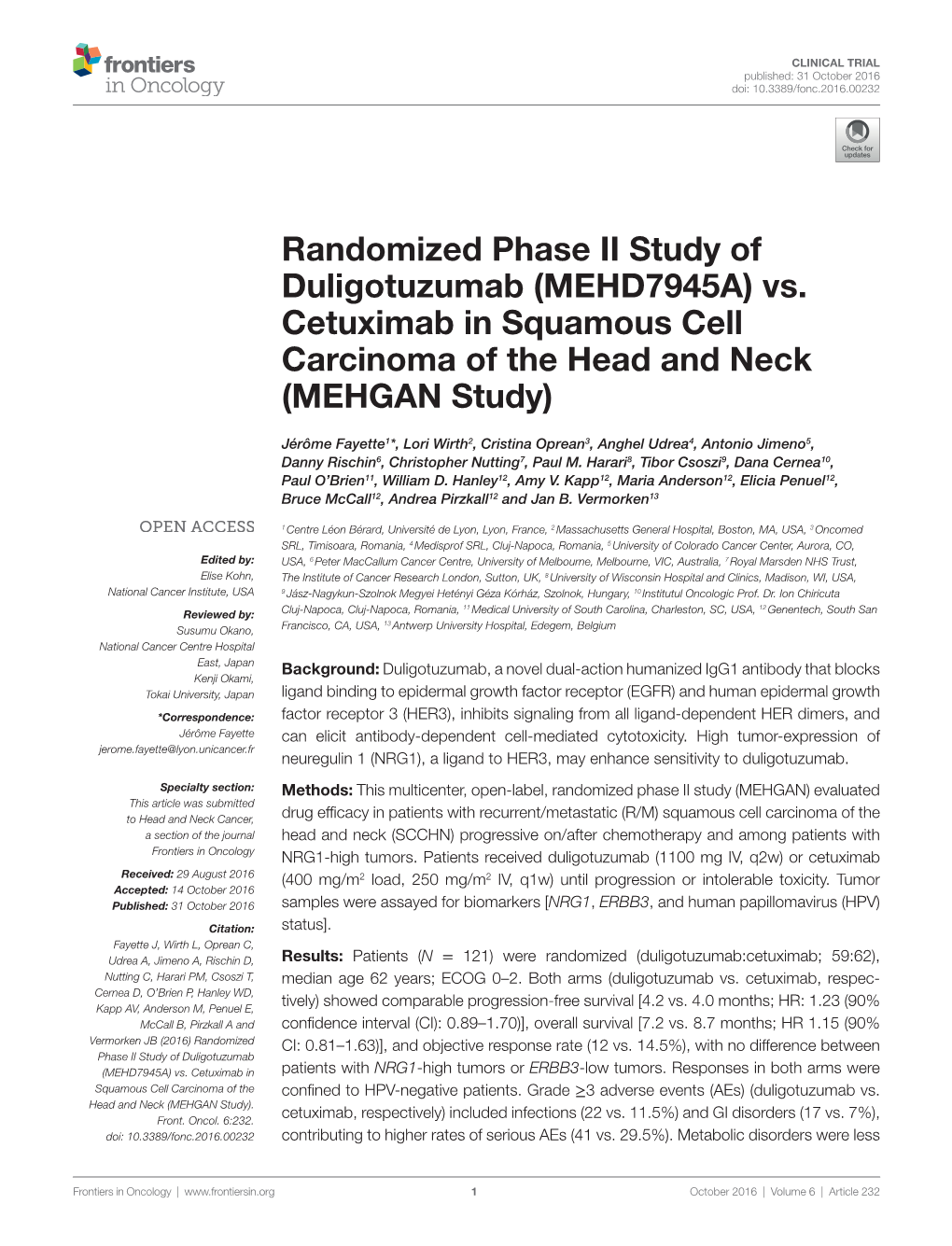 Randomized Phase II Study of Duligotuzumab (MEHD7945A) Vs