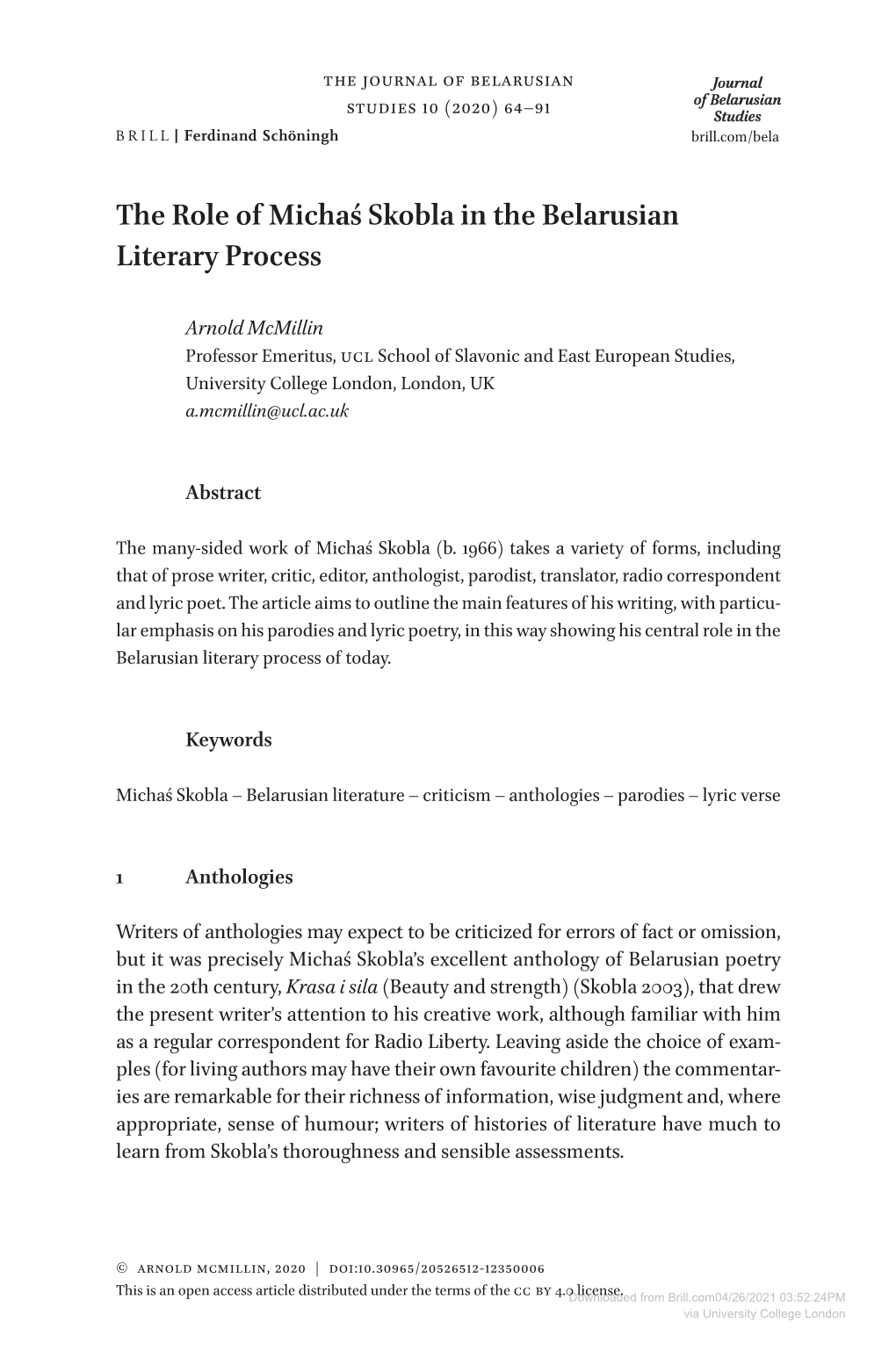 The Role of Michaś Skobla in the Belarusian Literary Process
