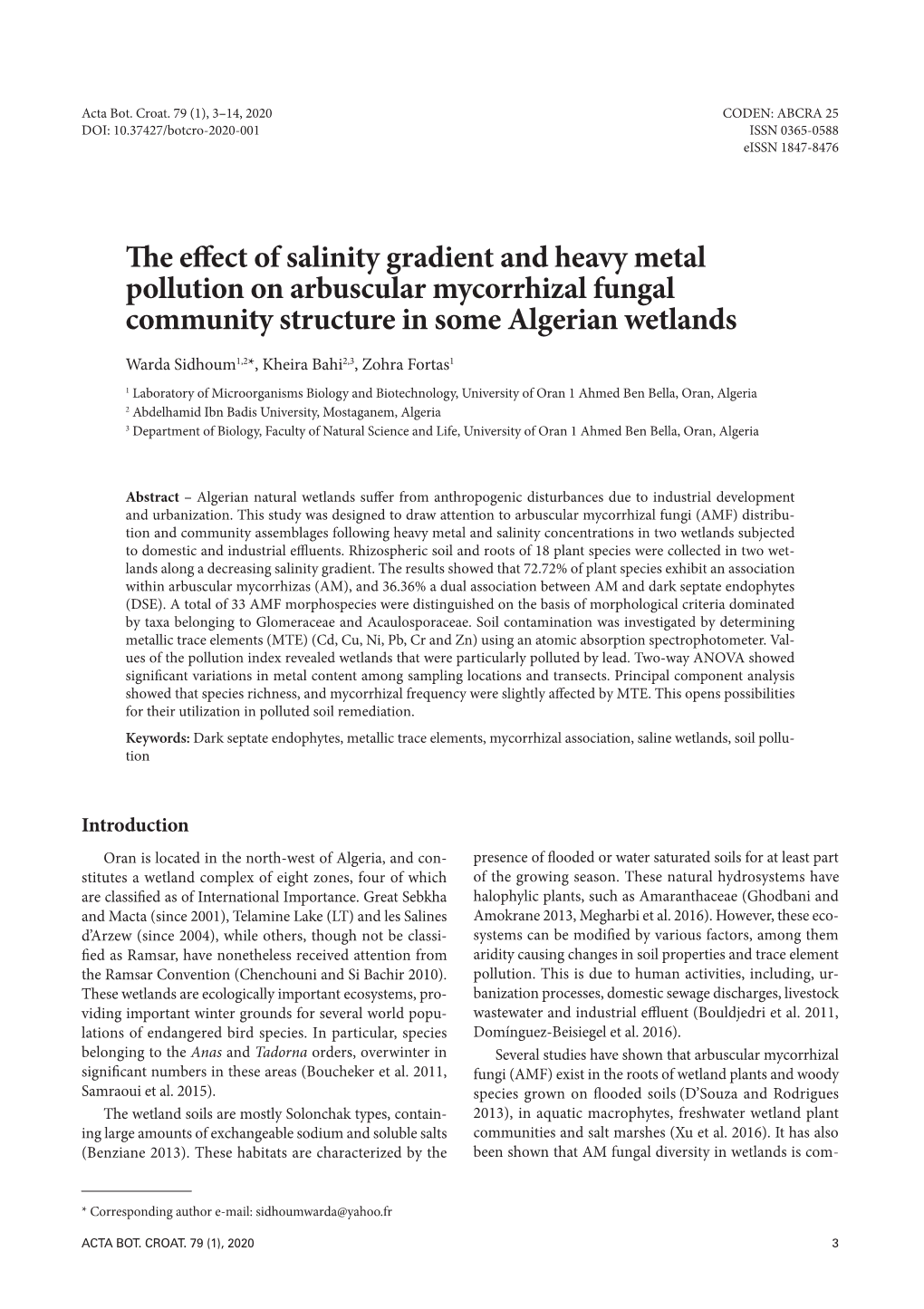 The Effect of Salinity Gradient and Heavy Metal Pollution on Arbuscular Mycorrhizal Fungal Community Structure in Some Algerian Wetlands