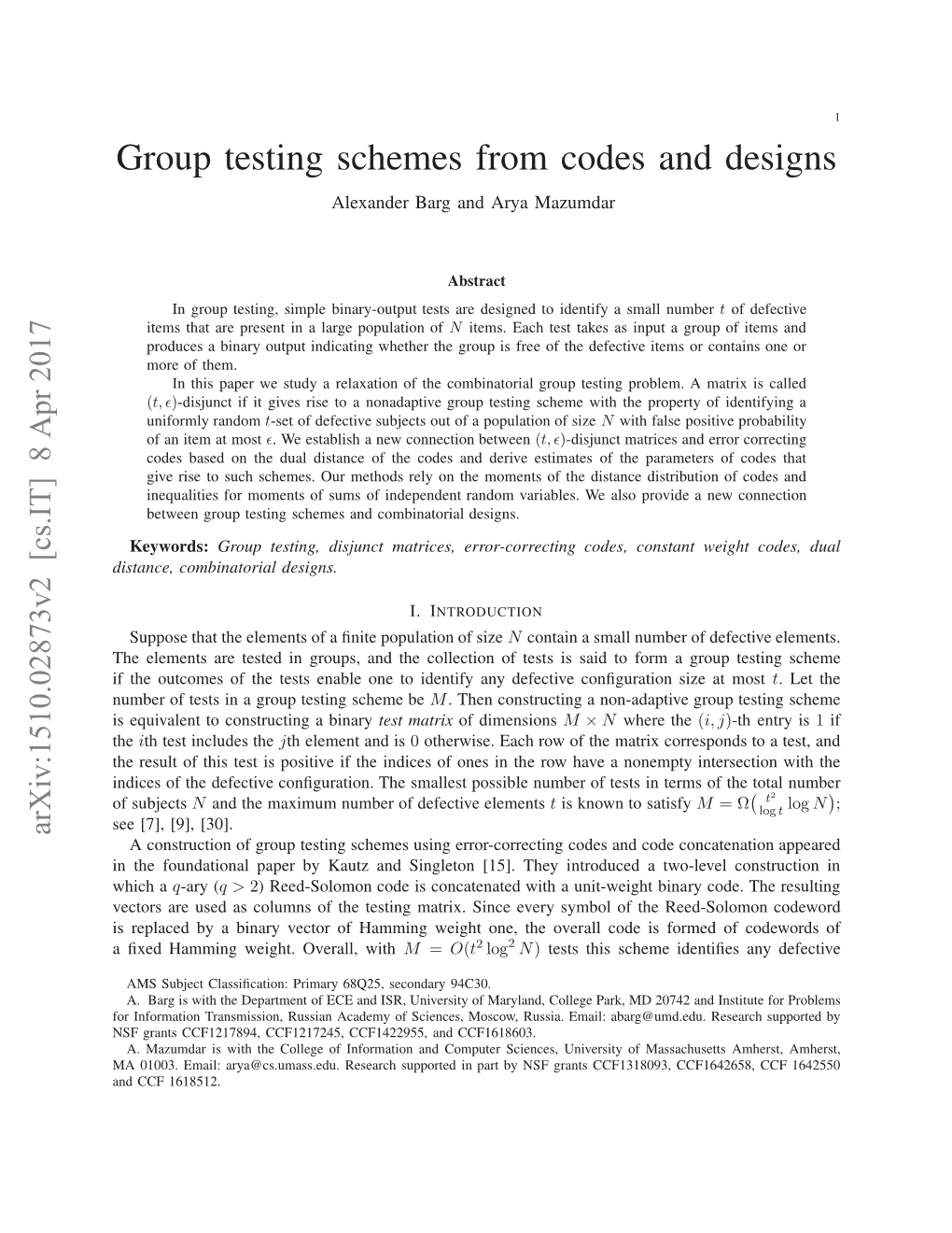 Group Testing Schemes from Codes and Designs