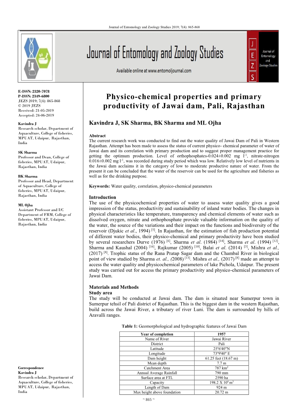 Physico-Chemical Properties and Primary Productivity of Jawai Dam