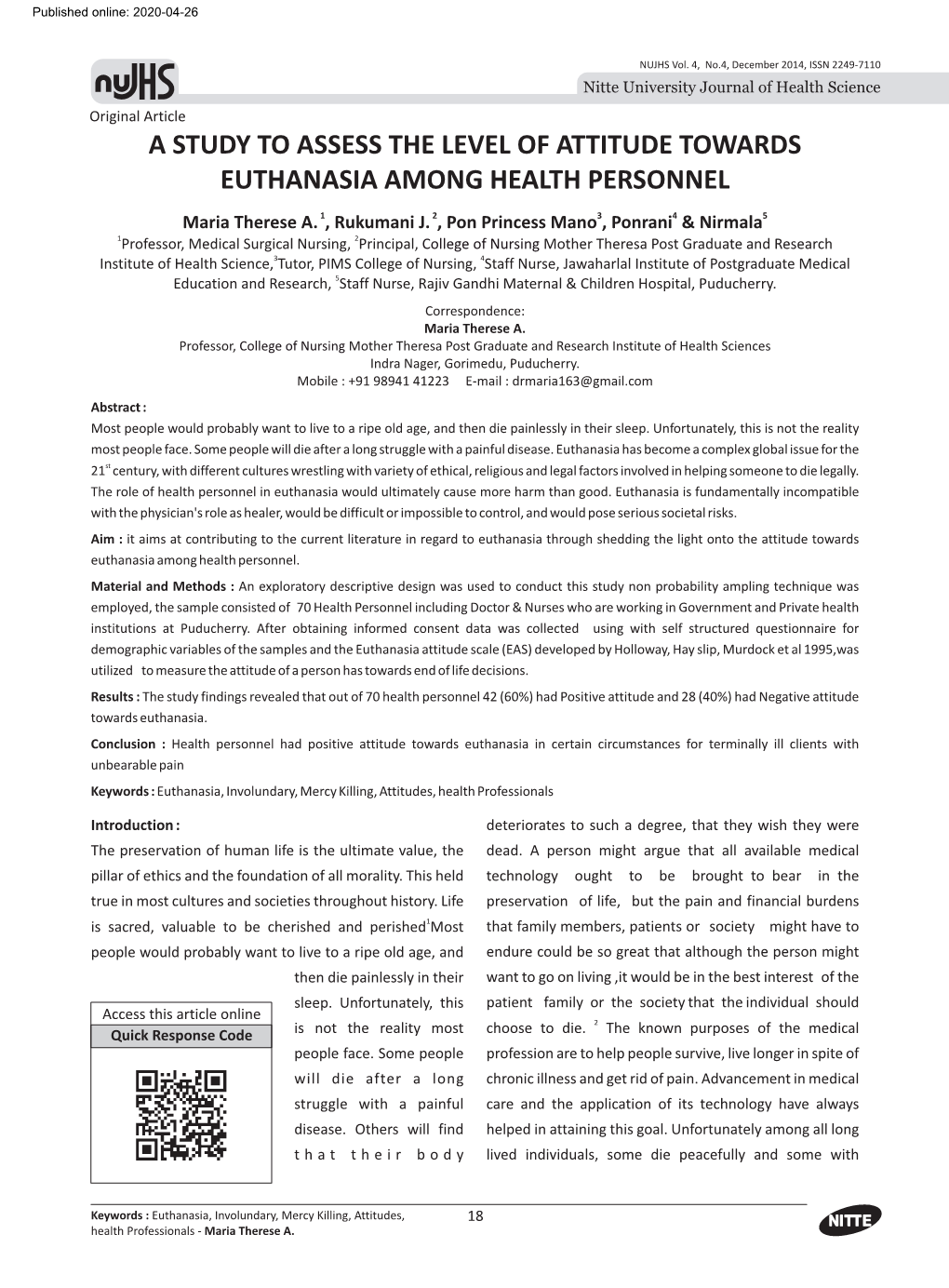 A STUDY to ASSESS the LEVEL of ATTITUDE TOWARDS EUTHANASIA AMONG HEALTH PERSONNEL Maria Therese A