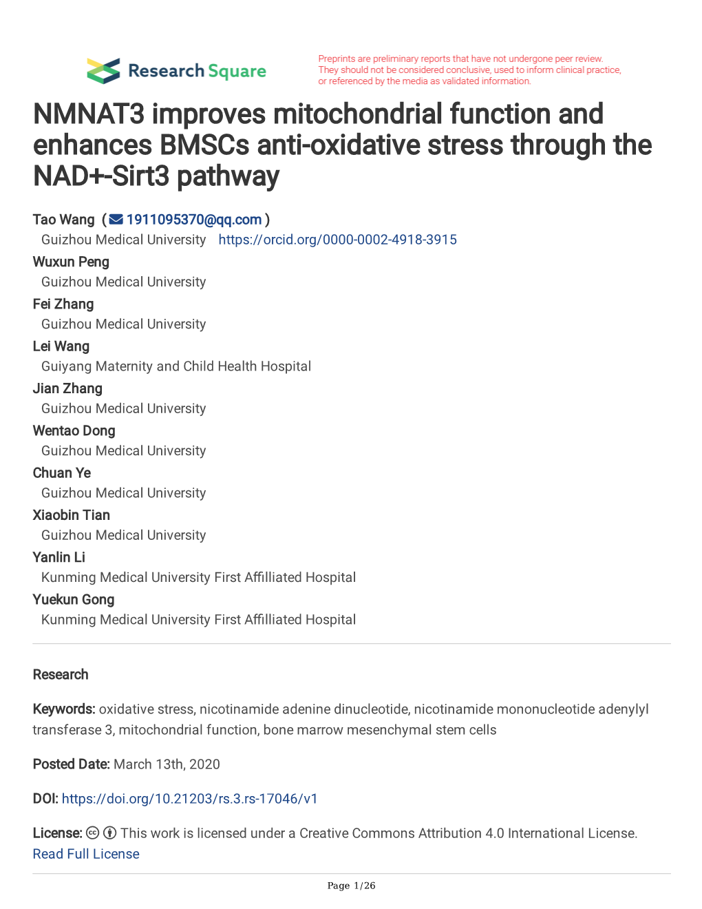 NMNAT3 Improves Mitochondrial Function and Enhances Bmscs Anti-Oxidative Stress Through the NAD+-Sirt3 Pathway