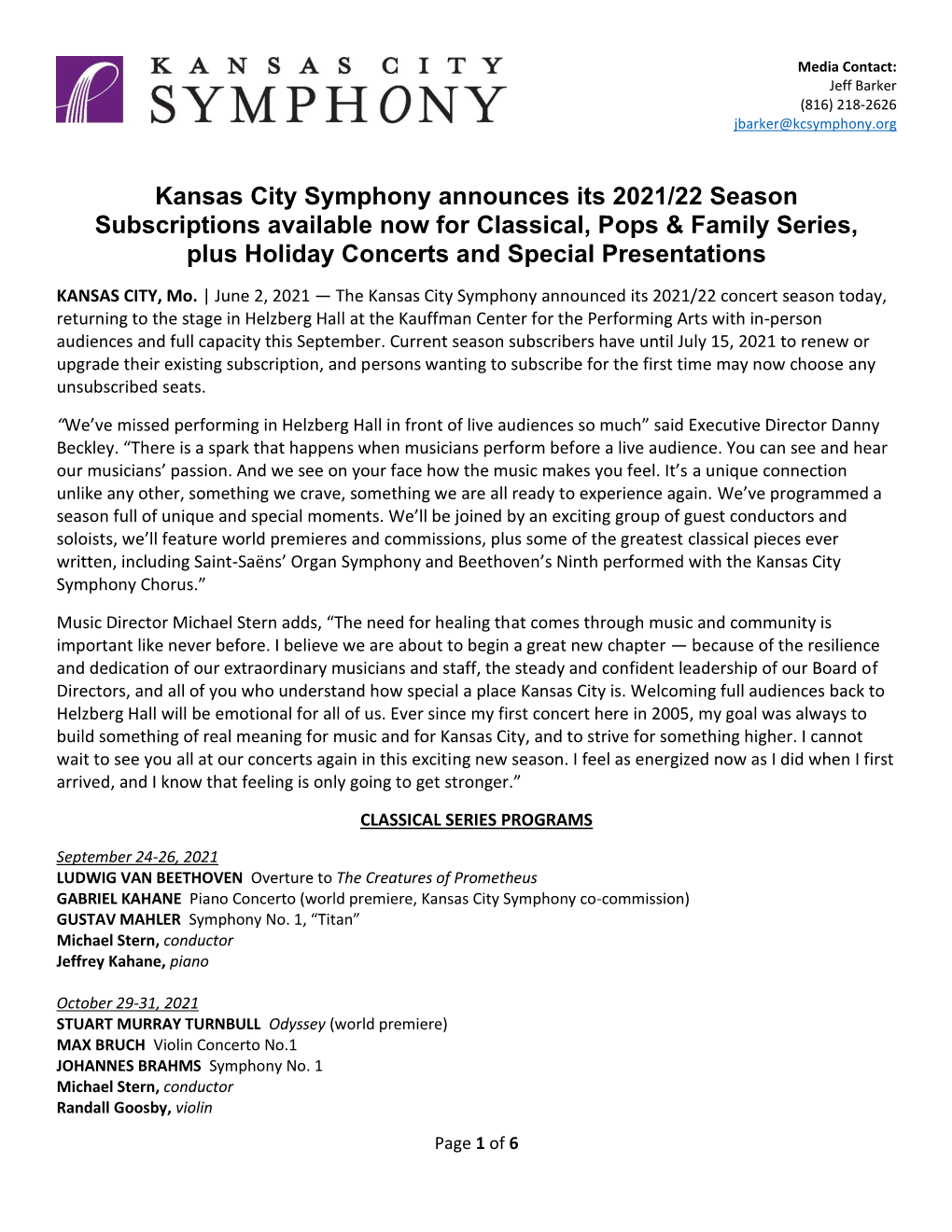 KC Symphony Announces 2021/22 Concert Season