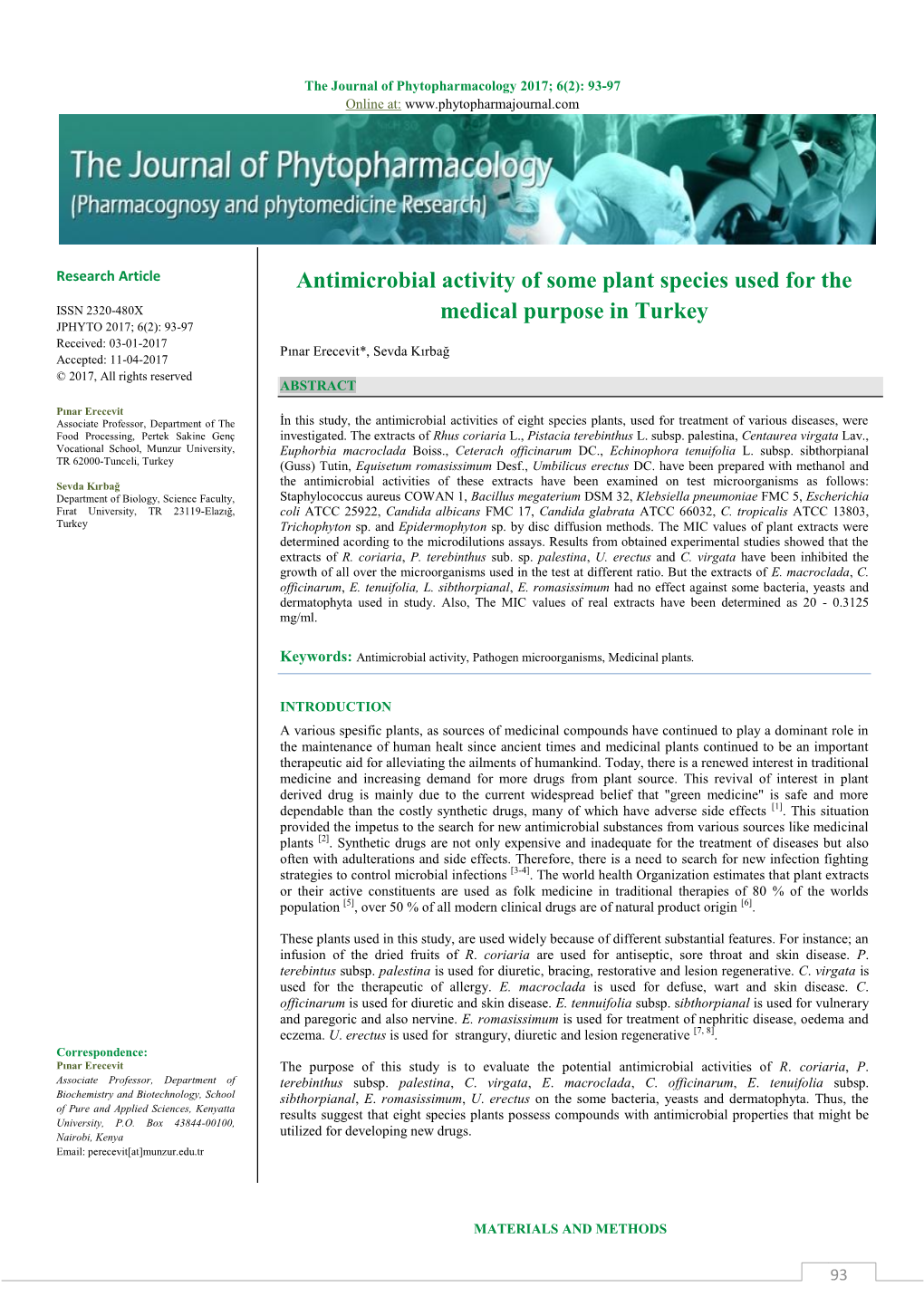 Antimicrobial Activity of Some Plant Species Used for the Medical Purpose in Turkey