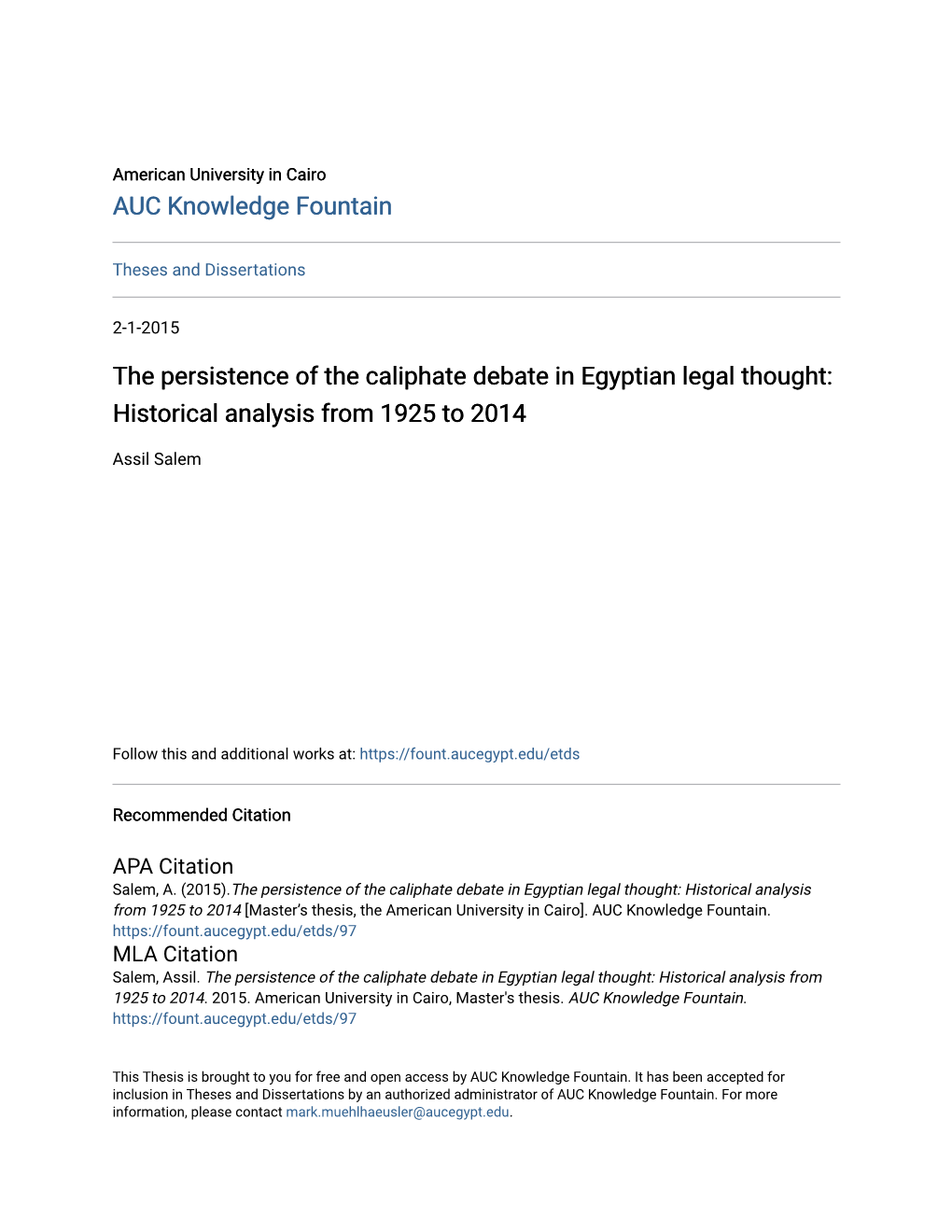 The Persistence of the Caliphate Debate in Egyptian Legal Thought: Historical Analysis from 1925 to 2014