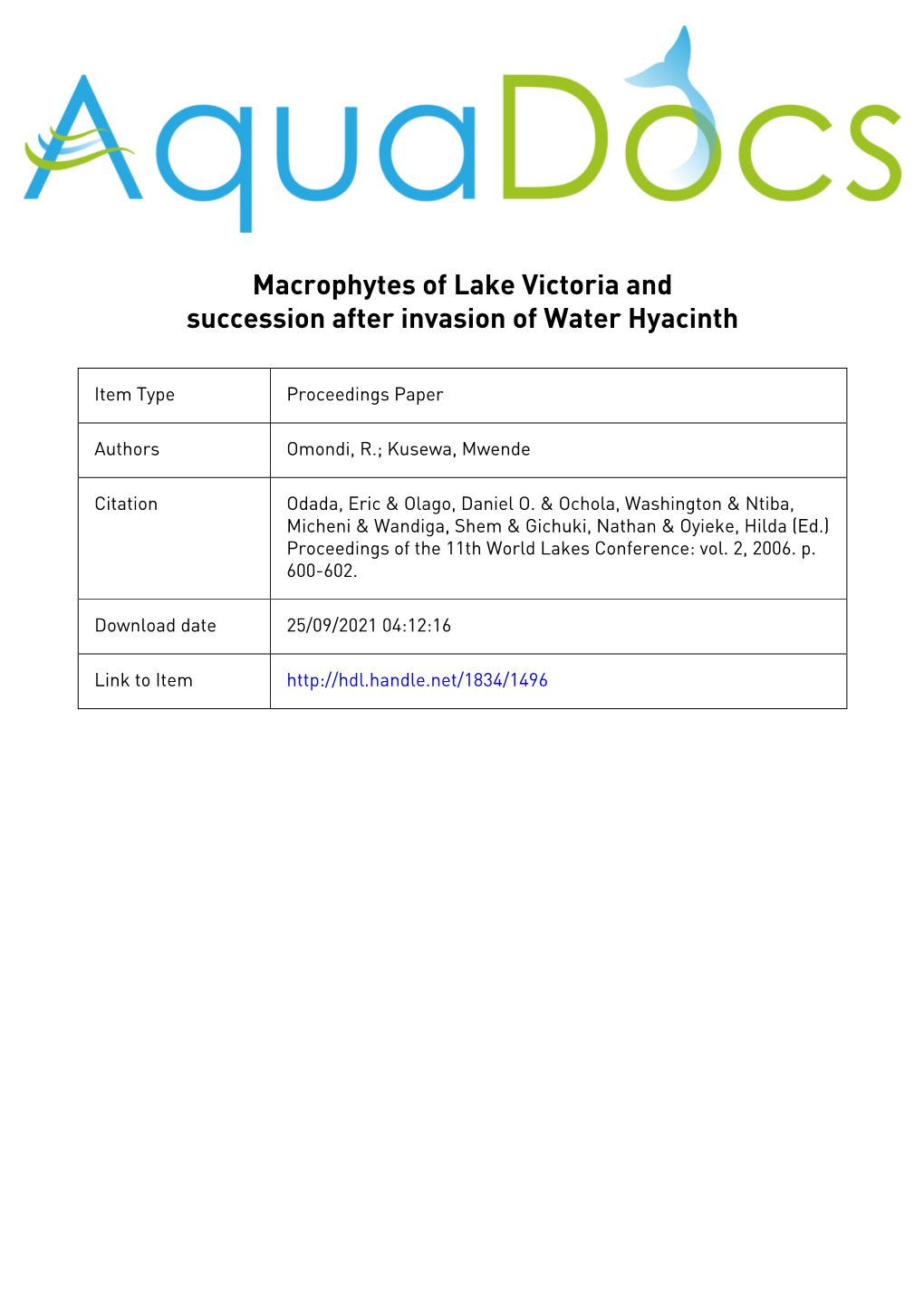 Macrophytes of Lake Victoria and Succession After Invasion of Water Hyacinth