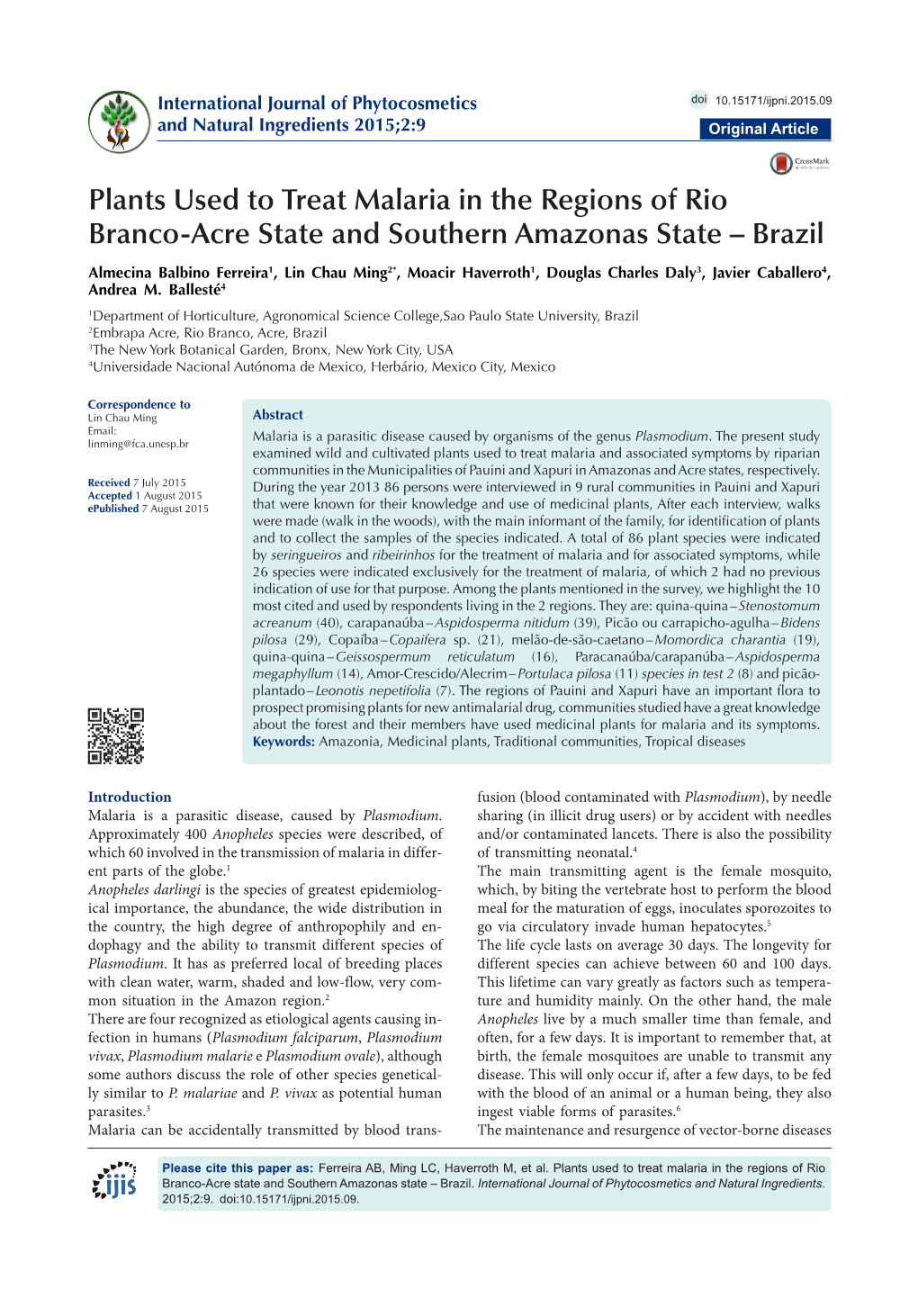 Plants Used to Treat Malaria in the Regions of Rio Branco-Acre State and Southern Amazonas State – Brazil